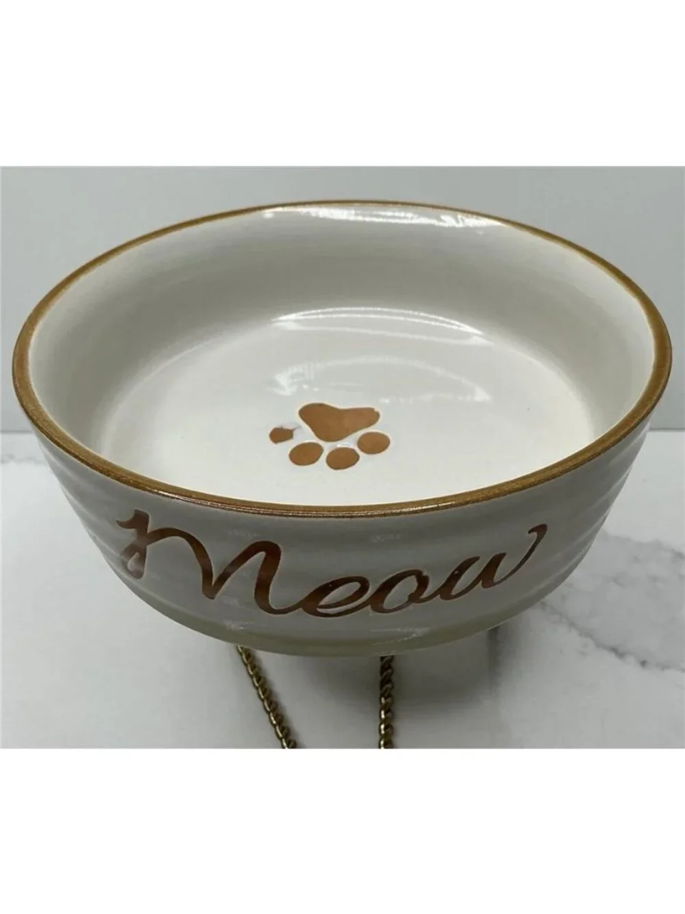Spectrum Designz Cat Dish Ceramic Pet Bowl Tan Meow Paw Fifi Elegant 4.9” New